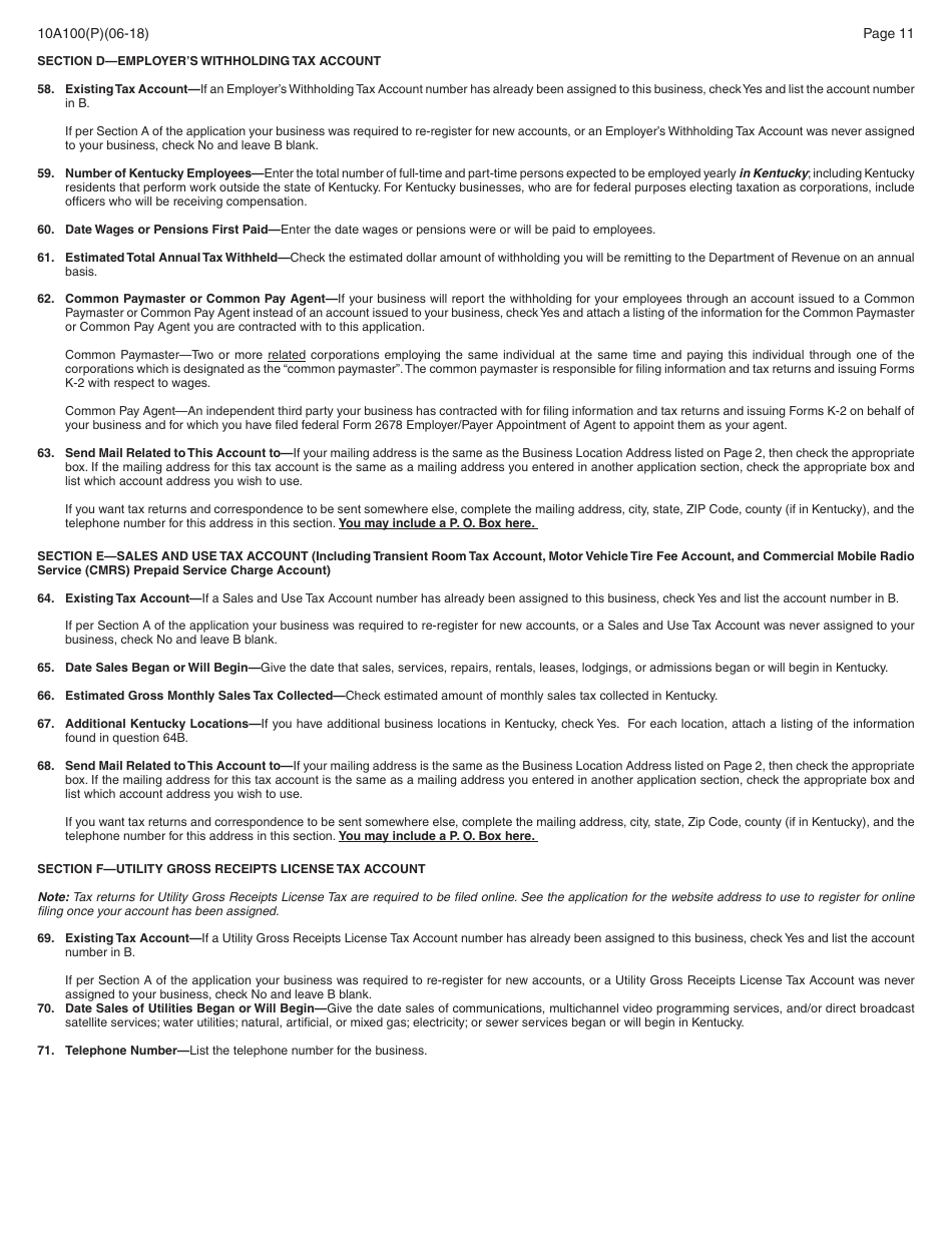 Form 10A100(P) Kentucky Tax Registration Application - Kentucky, Page 25