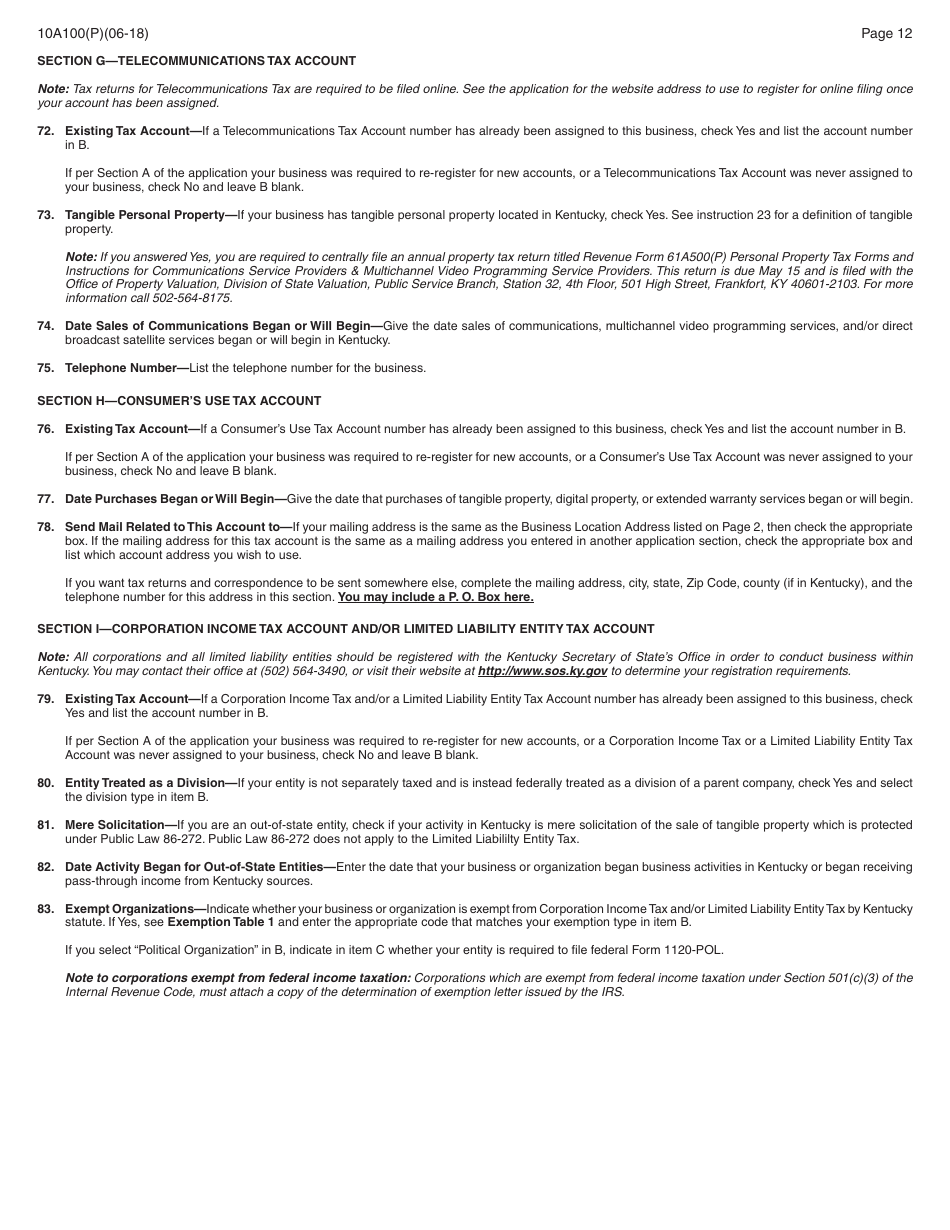 Form 10A100(P) Kentucky Tax Registration Application - Kentucky, Page 26