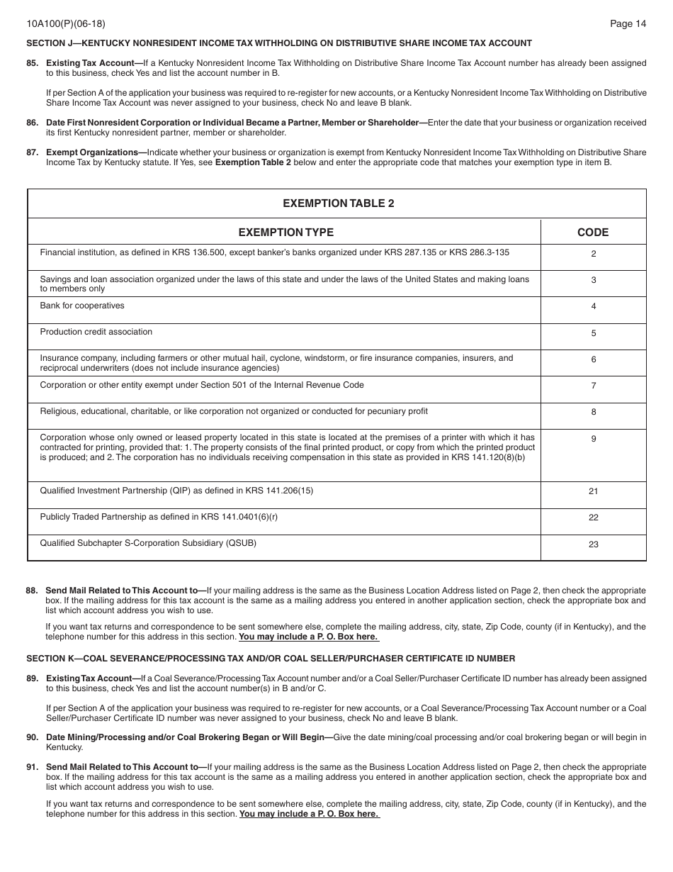 Form 10A100(P) Kentucky Tax Registration Application - Kentucky, Page 28