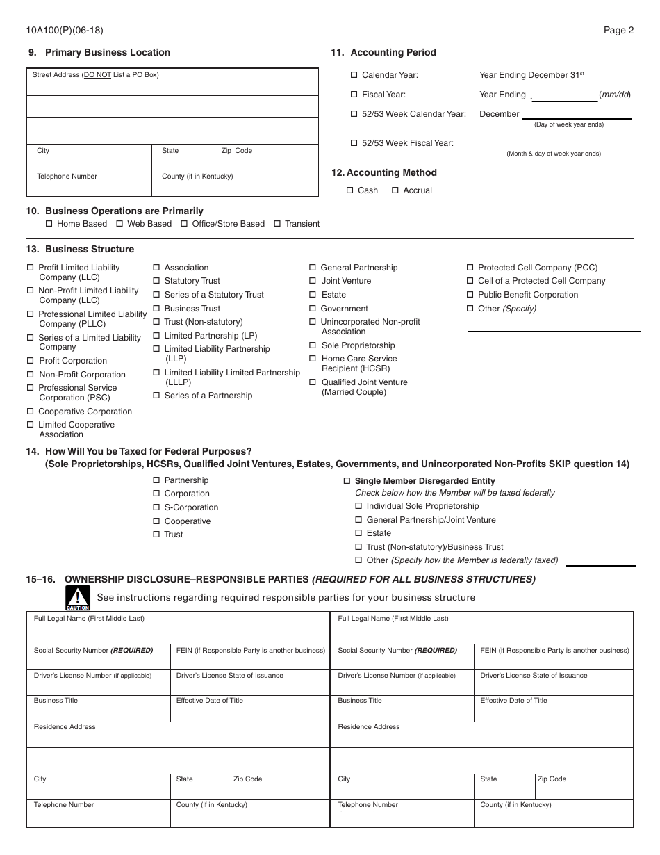 Form 10A100(P) Kentucky Tax Registration Application - Kentucky, Page 4