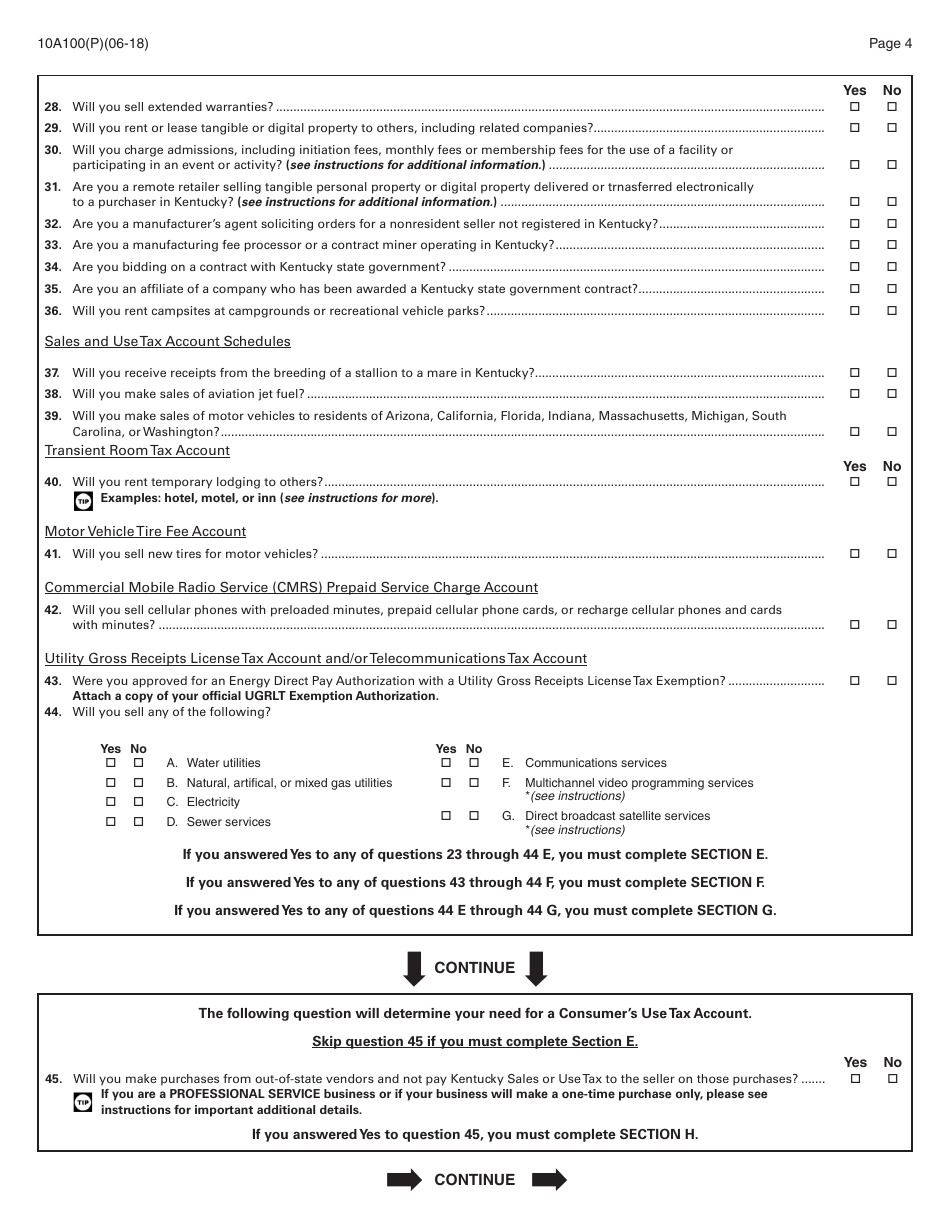 Form 10A100(P) Kentucky Tax Registration Application - Kentucky, Page 6