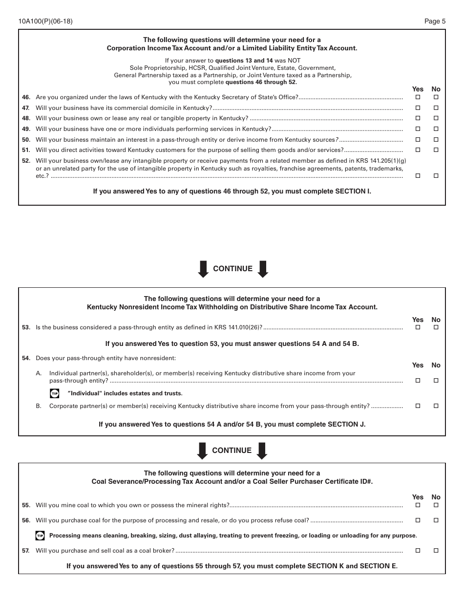 Form 10A100(P) Kentucky Tax Registration Application - Kentucky, Page 7