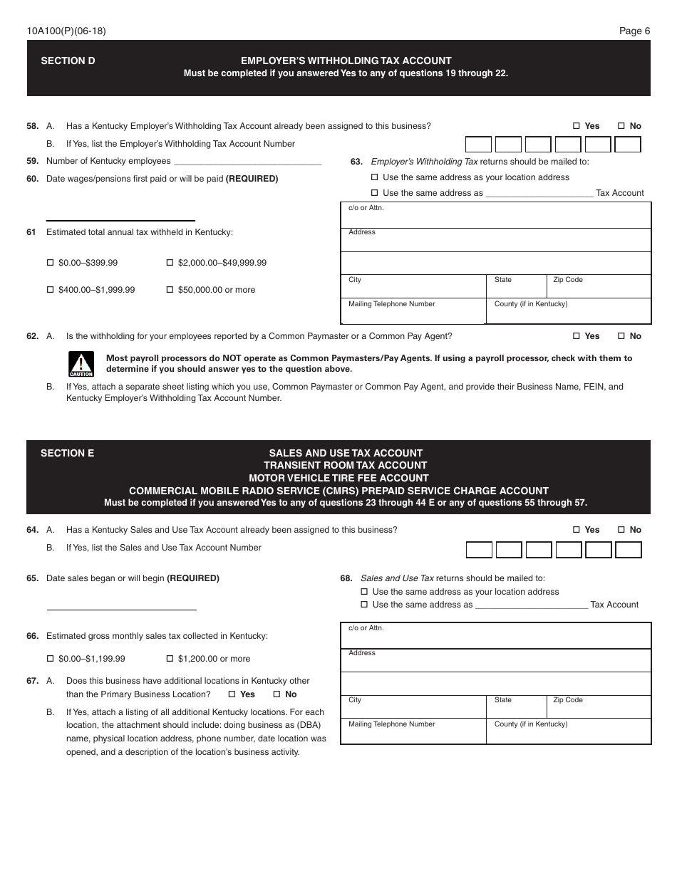 Form 10A100(P) Kentucky Tax Registration Application - Kentucky, Page 8