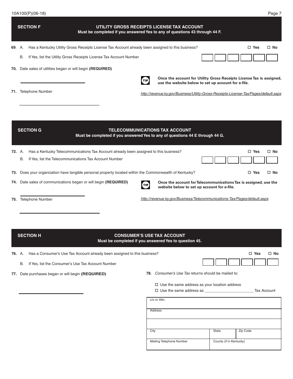 Form 10A100(P) Kentucky Tax Registration Application - Kentucky, Page 9