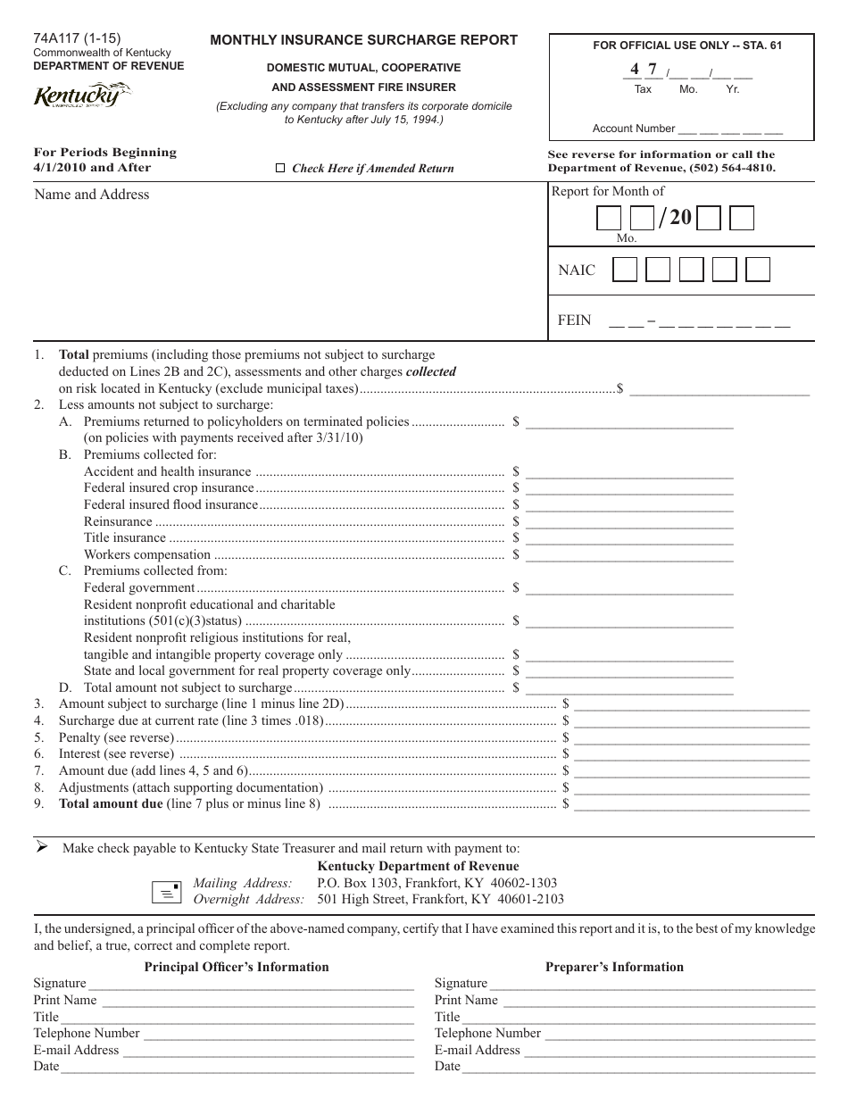 Form 74A117 Monthly Insurance Surcharge Report - Domestic Mutual, Cooperative and Assessment Fire Insurer - Kentucky, Page 1