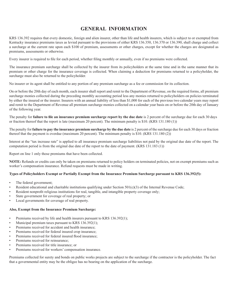Form 74A117 Monthly Insurance Surcharge Report - Domestic Mutual, Cooperative and Assessment Fire Insurer - Kentucky, Page 2