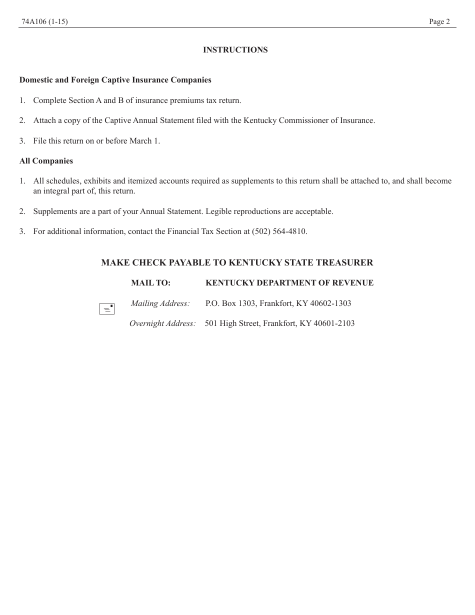Form 74A106 Insurance Premiums Tax Return - Captive Insurer - Kentucky, Page 2