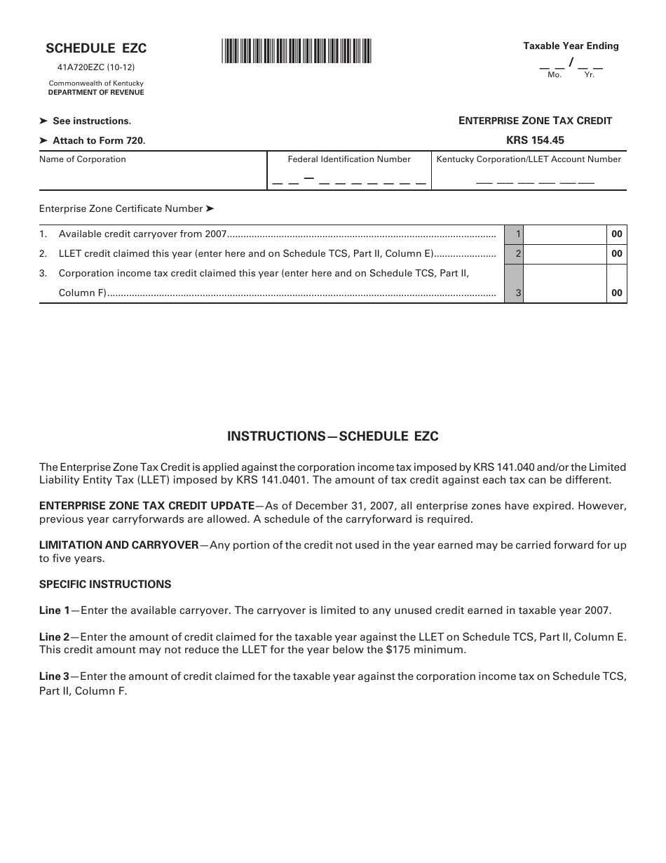 Form 41A720EZC Schedule EZC Enterprise Zone Tax Credit - Kentucky, Page 1