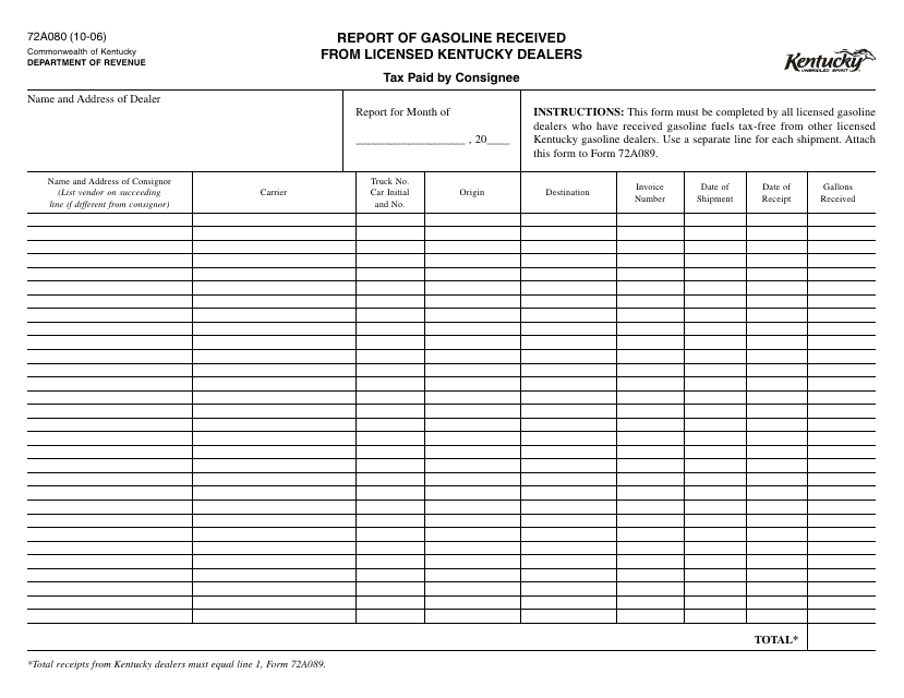 Form 72A080 Report of Gasoline Received From Licensed Kentucky Dealers - Tax Paid by Consignee - Kentucky