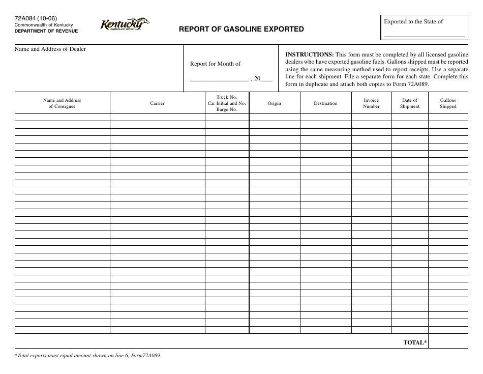 Form 72A084 Report of Gasoline Exported - Kentucky, Page 1