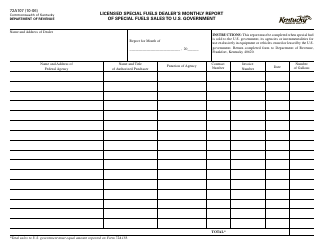 Document preview: Form 72A107 Licensed Special Fuels Dealer's Monthly Report of Special Fuels Sales to U.S. Government - Kentucky