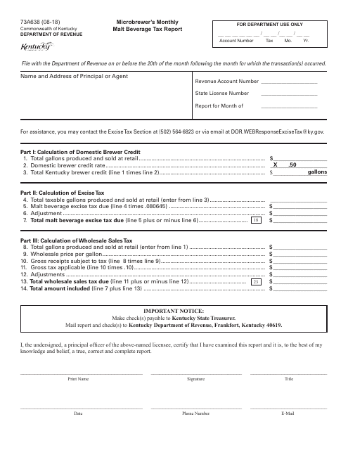 Form 73A638 Microbrewer's Monthly Malt Beverage Tax Report - Kentucky