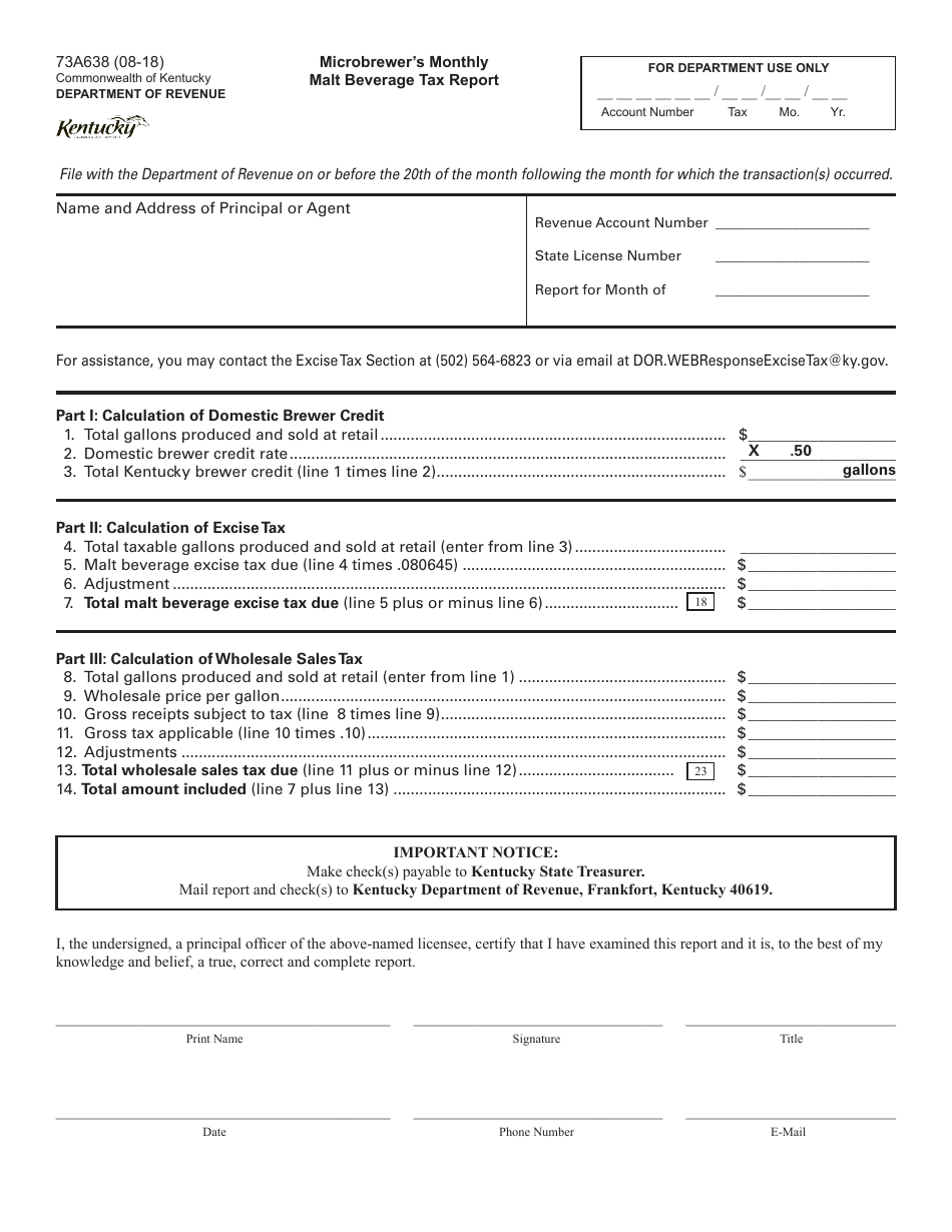 Form 73A638 Microbrewers Monthly Malt Beverage Tax Report - Kentucky, Page 1
