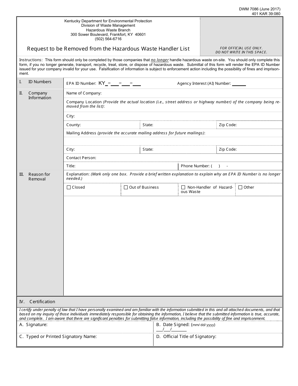 Form DWM7086 Request to Be Removed From the Hazardous Waste Handler List - Kentucky, Page 1