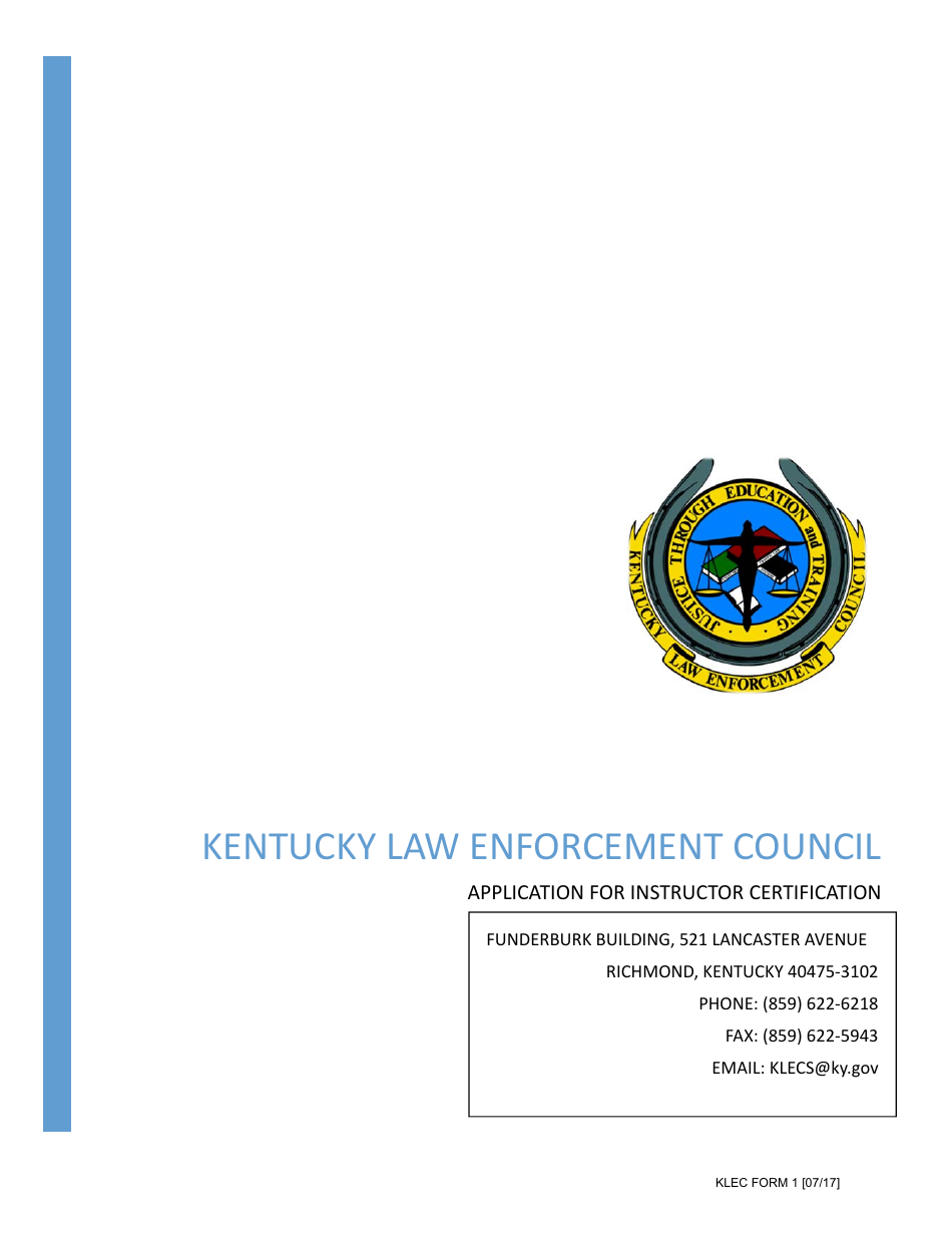 KLEC Form 1 Application for Instructor Certification - Kentucky, Page 1