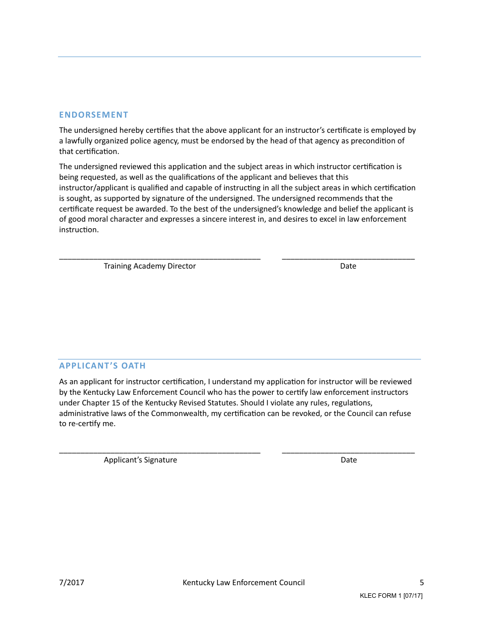 KLEC Form 1 Application for Instructor Certification - Kentucky, Page 6