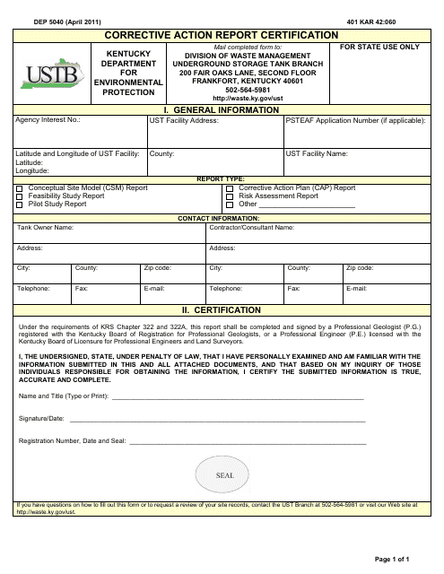 Form DEP5040 Corrective Action Report Certification - Kentucky