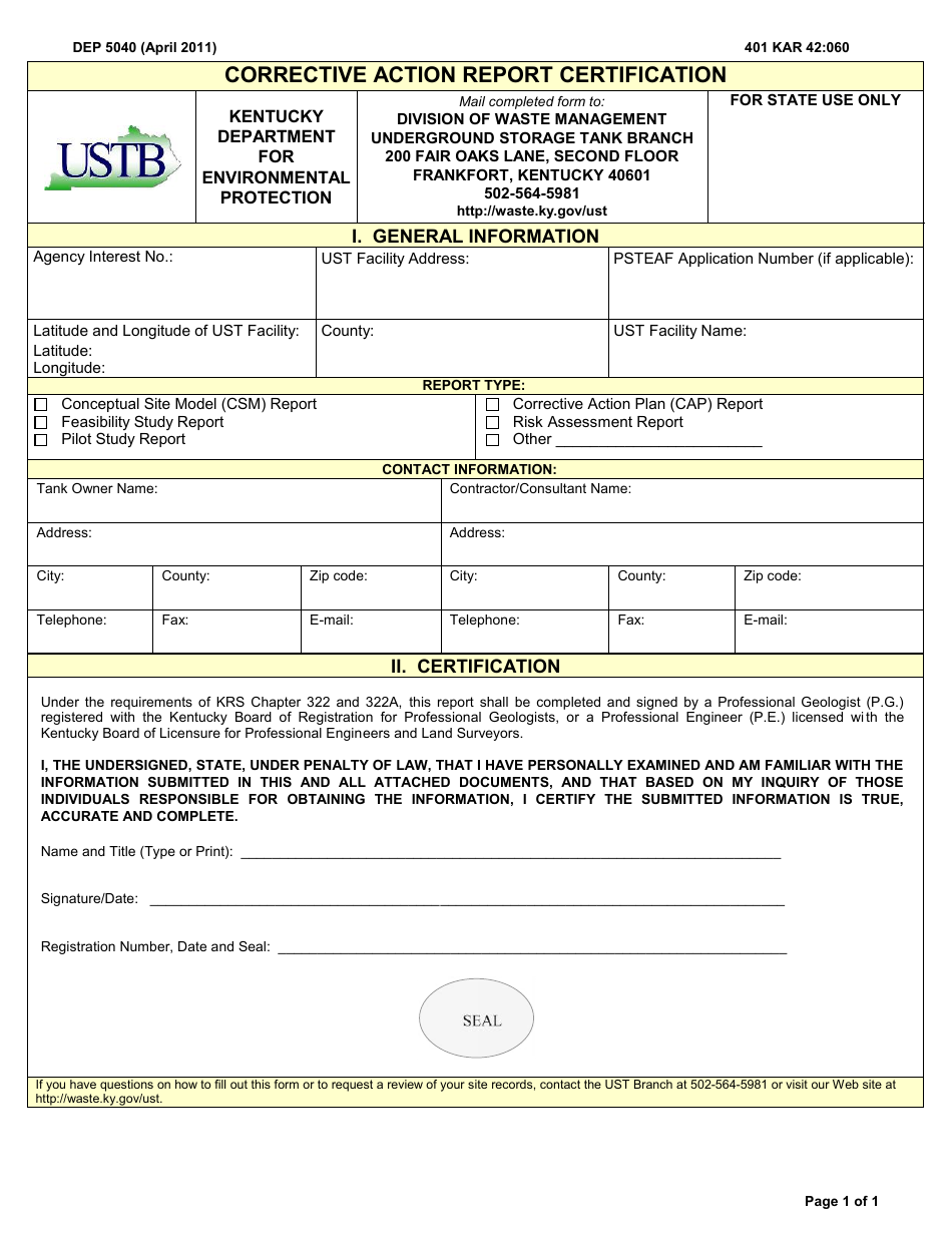 Form DEP5040 Corrective Action Report Certification - Kentucky, Page 1