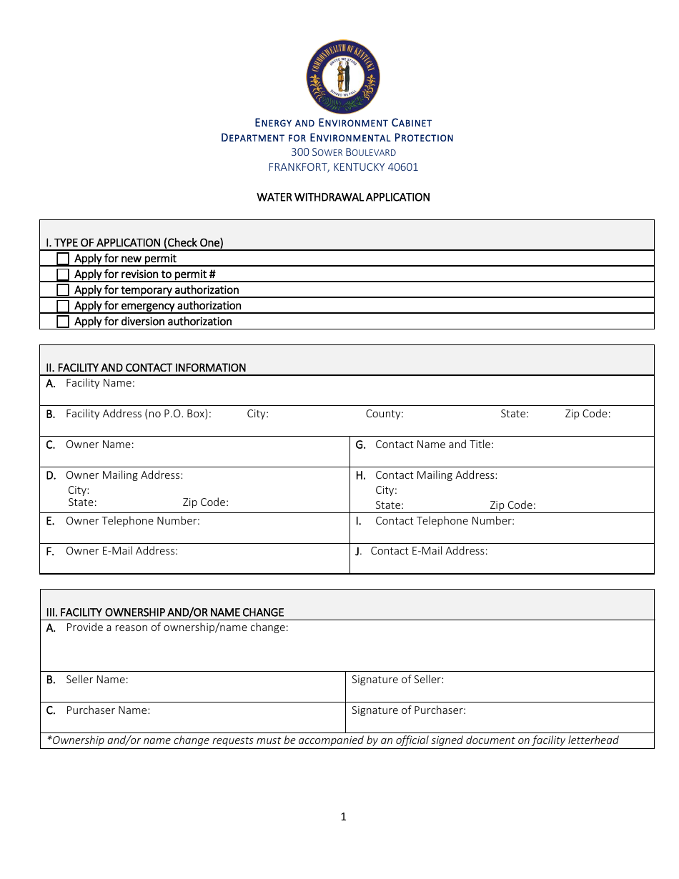 Water Withdrawal Application Form - Kentucky, Page 1