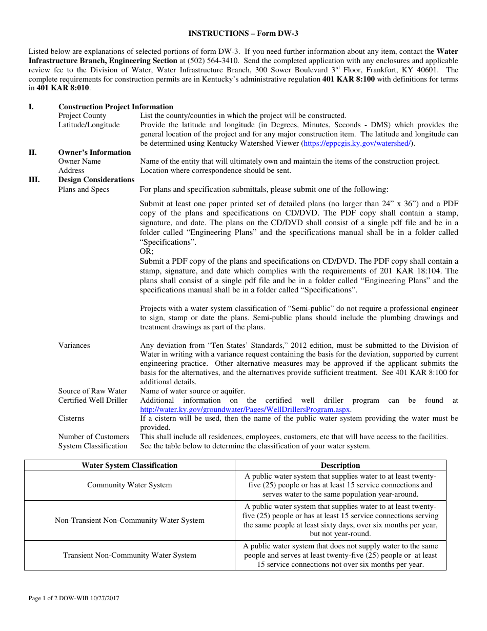 Download Instructions for Form DW-3 Construction Application for Small ...