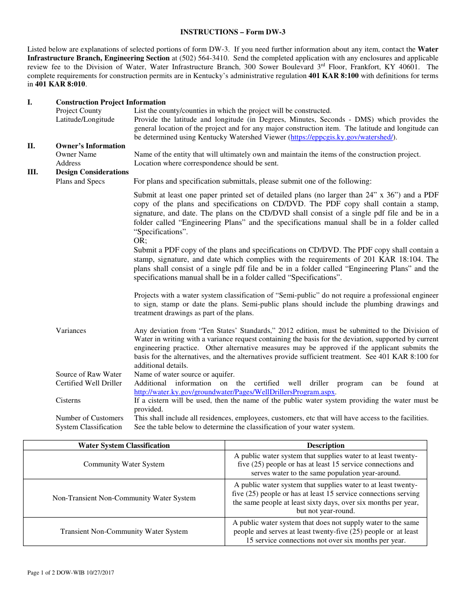 Instructions for Form DW-3 Construction Application for Small Groundwater  Semi-public Systems - Kentucky, Page 1