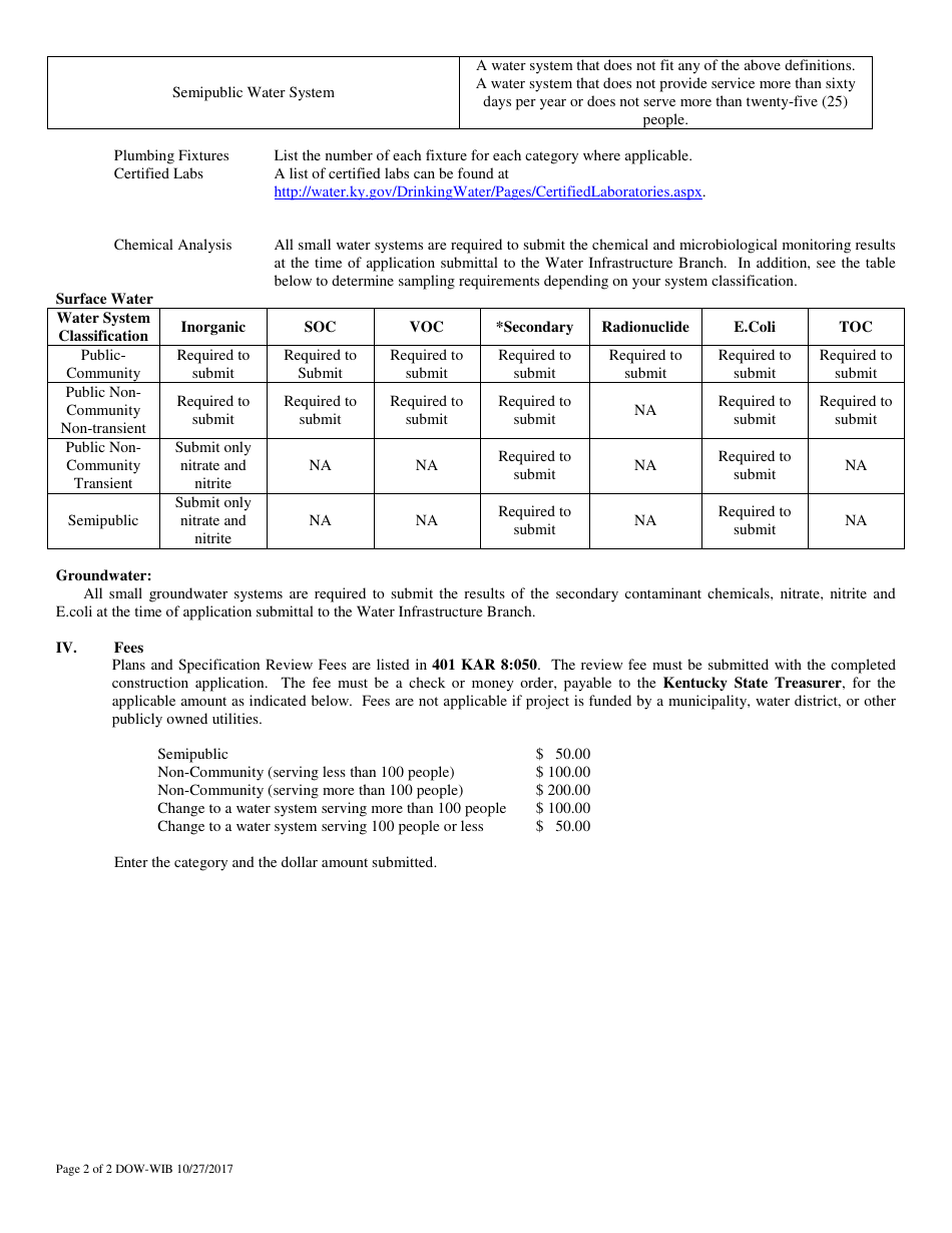 Instructions for Form DW-3 Construction Application for Small Groundwater  Semi-public Systems - Kentucky, Page 2