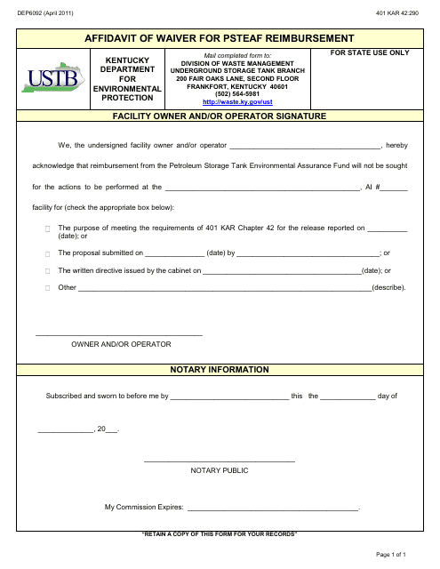 Form DEP6092 Affidavit of Waiver for Psteaf Reimbursement - Kentucky