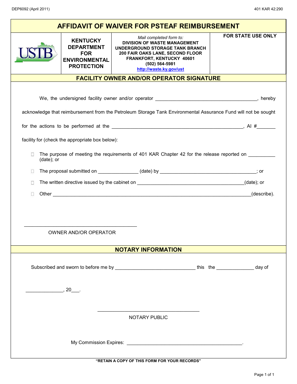 Form DEP6092 Affidavit of Waiver for Psteaf Reimbursement - Kentucky, Page 1