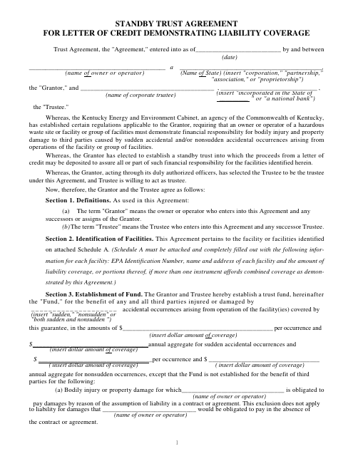 Form DEP-6035R Standby Trust Agreement for Letter of Credit Demonstrating Liability Coverage - Kentucky, 2018