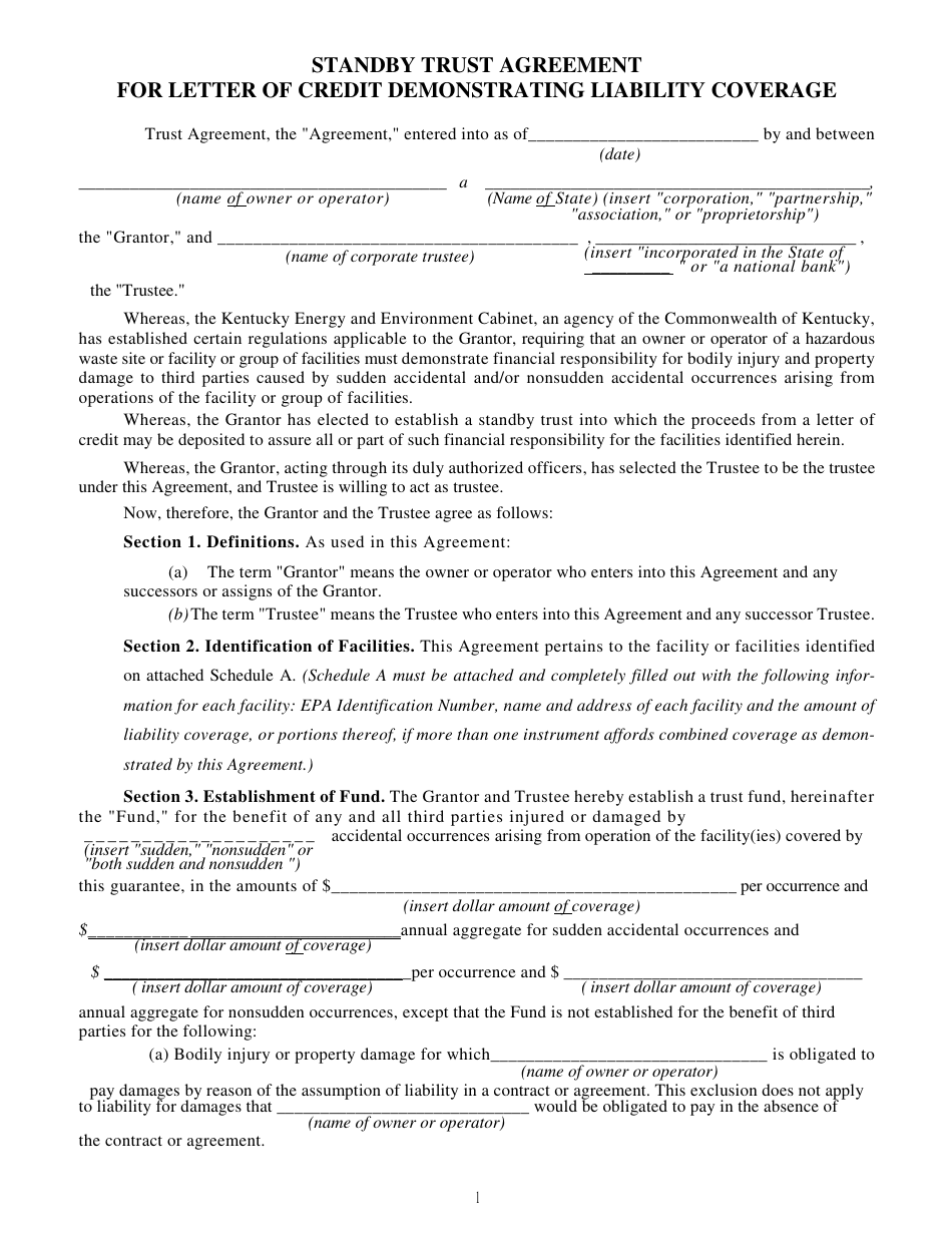 Form DEP-6035R Standby Trust Agreement for Letter of Credit Demonstrating Liability Coverage - Kentucky, Page 1