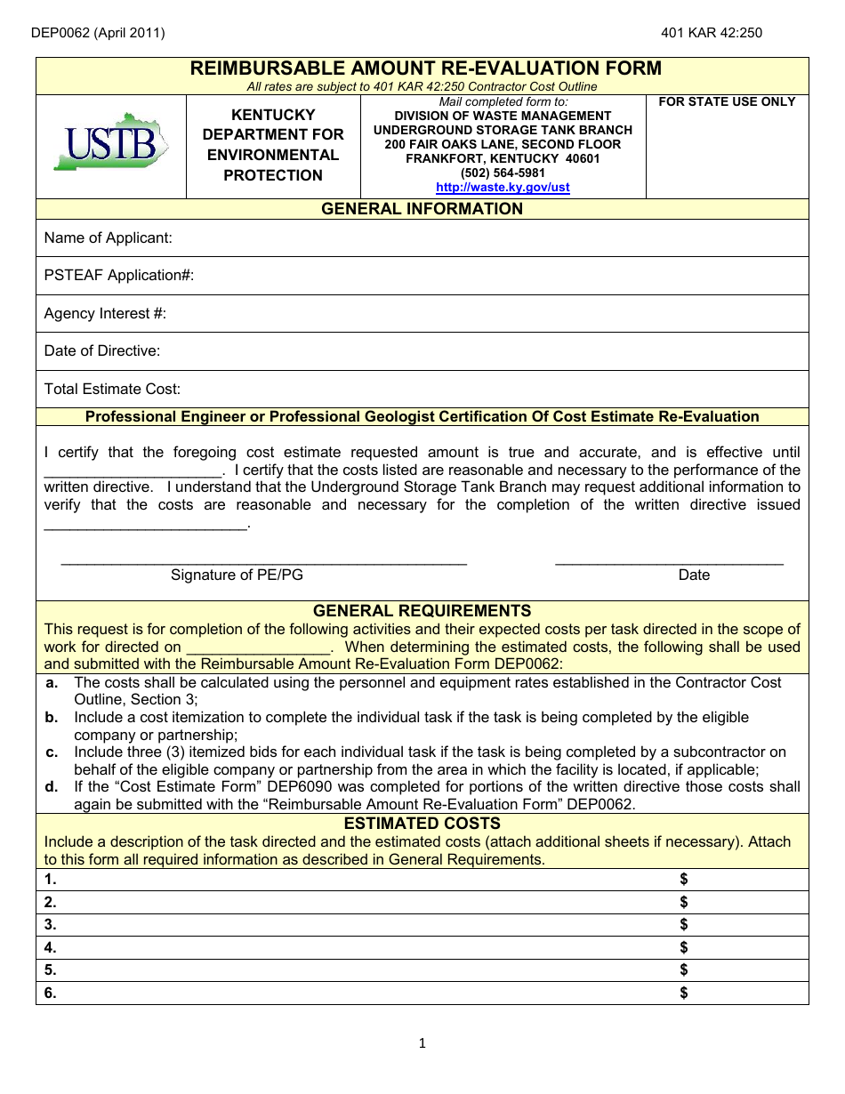 Form DEP0062 Reimbursable Amount Re-evaluation Form - Kentucky, Page 1