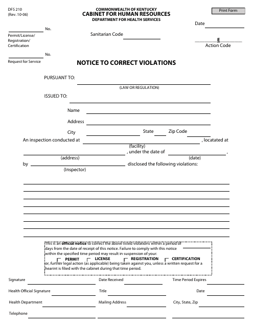 Form DFS210 Notice to Correct Violations - Kentucky