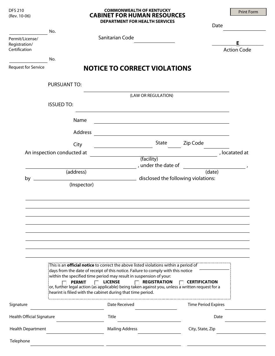 Form DFS210 Notice to Correct Violations - Kentucky, Page 1