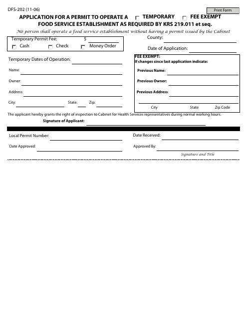 Form DFS-202 Application for a Permit to Operate a Temporary/Fee Exempt Food Service Establishment as Required by Krs 219.011 Et Seq - Kentucky