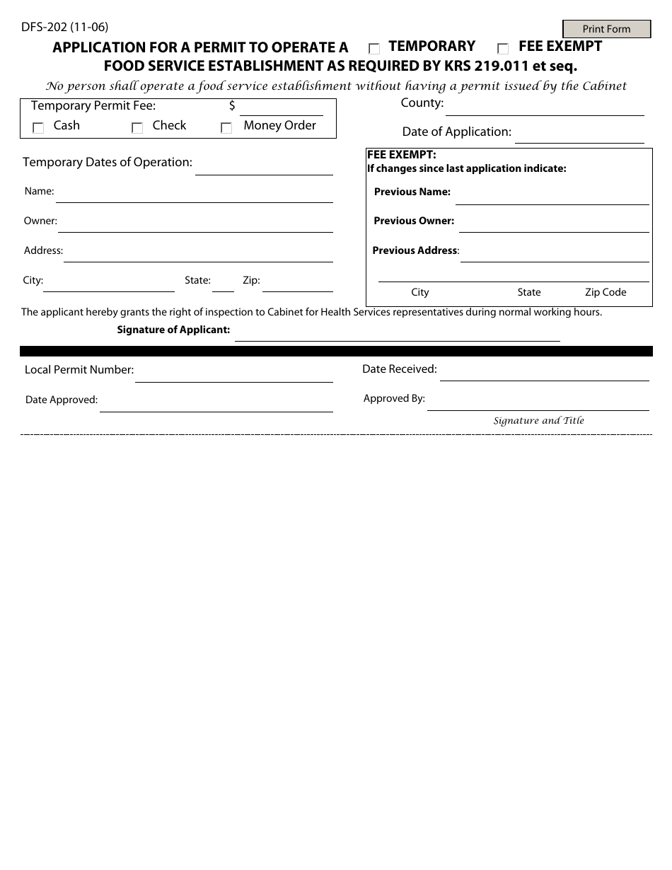 Form DFS-202 Application for a Permit to Operate a Temporary / Fee Exempt Food Service Establishment as Required by Krs 219.011 Et Seq - Kentucky, Page 1
