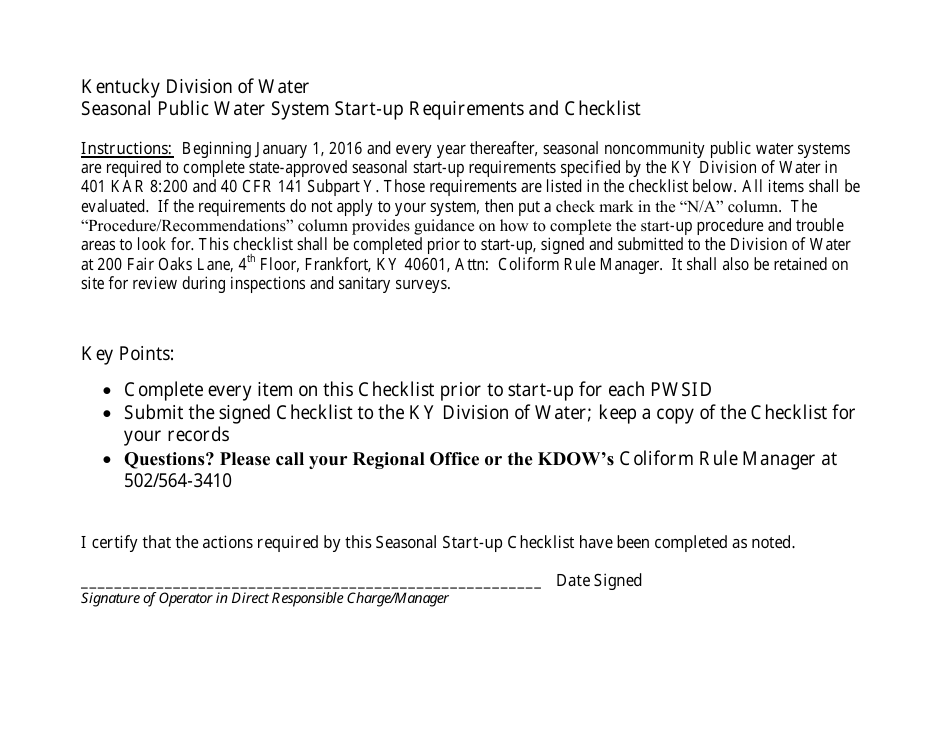 Seasonal Public Water System Start-Up Requirements and Checklist - Kentucky, Page 1