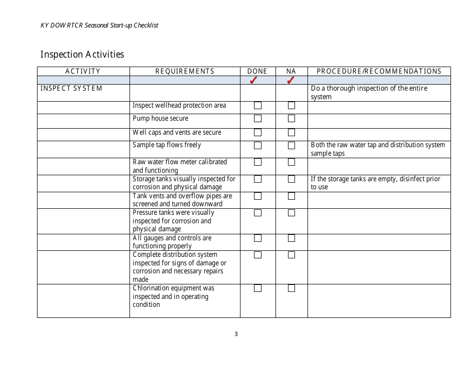 Seasonal Public Water System Start-Up Requirements and Checklist - Kentucky, Page 3
