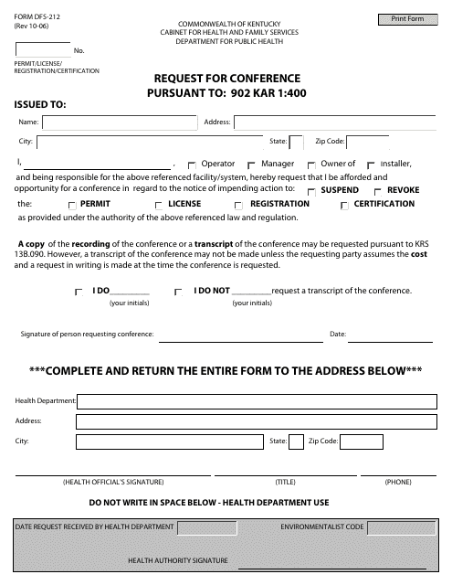 Form DFS-212 Request for Conference - Kentucky