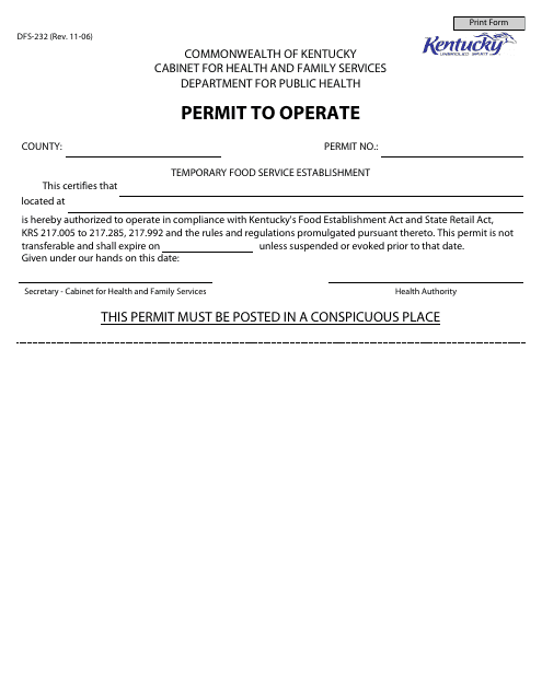 Form DFS-232 Permit to Operate - Kentucky