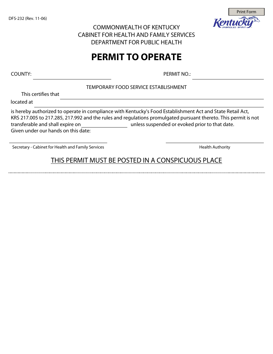 Form DFS-232 Permit to Operate - Kentucky, Page 1