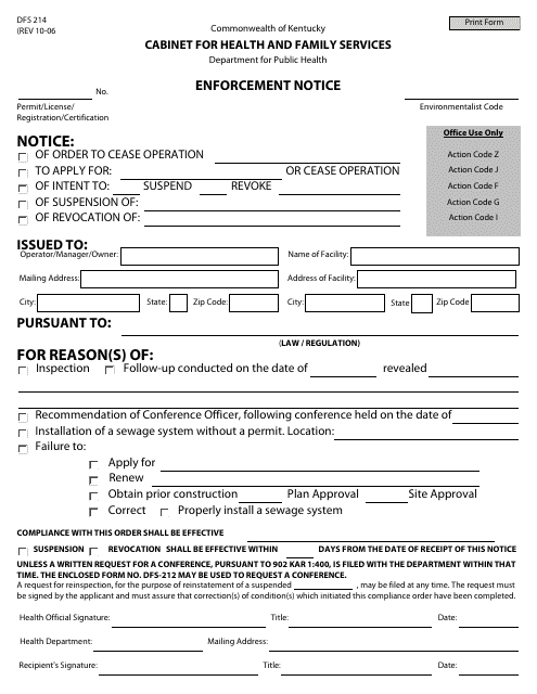 Form DFS214 Enforcement Notice - Kentucky