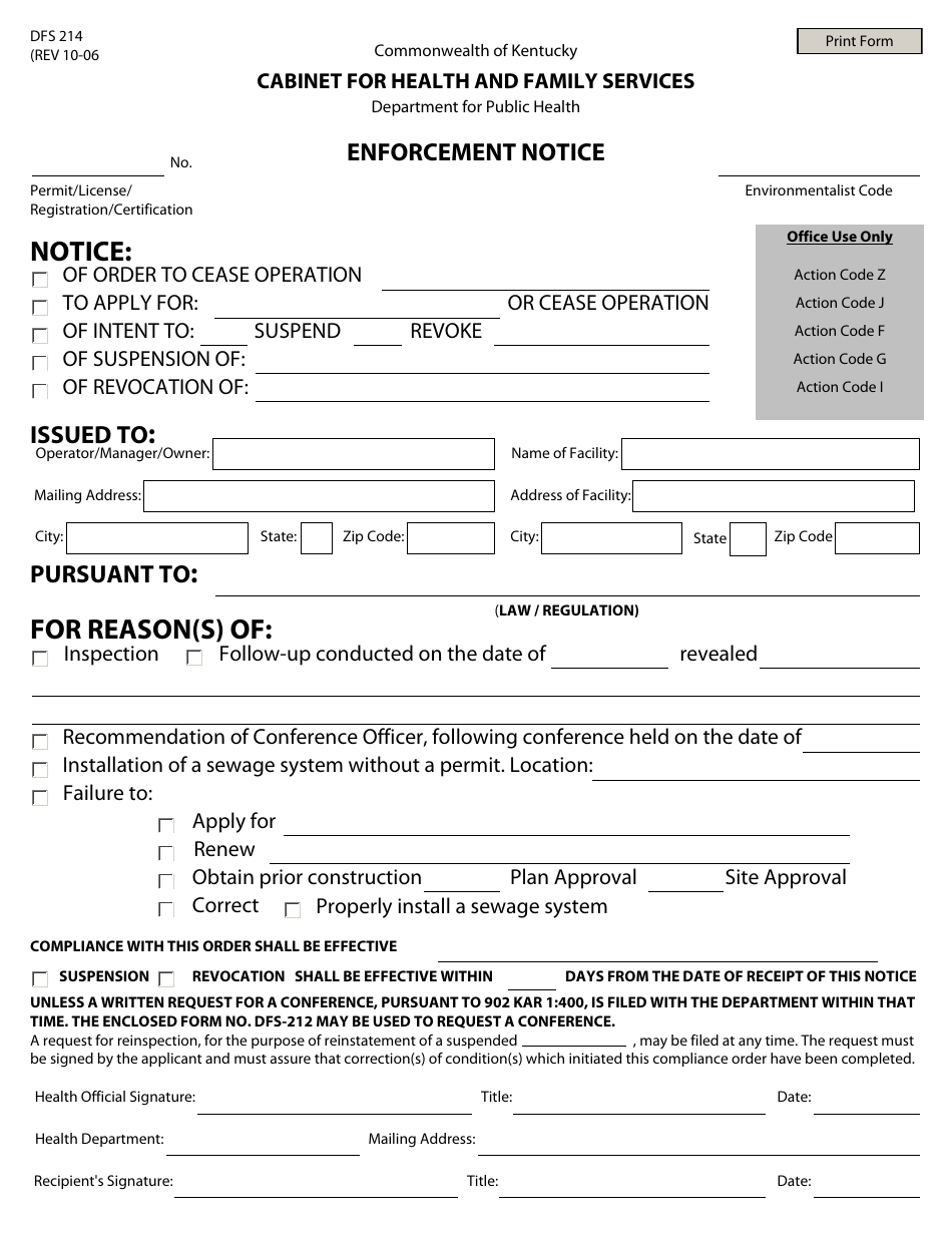 Form DFS214 Enforcement Notice - Kentucky, Page 1
