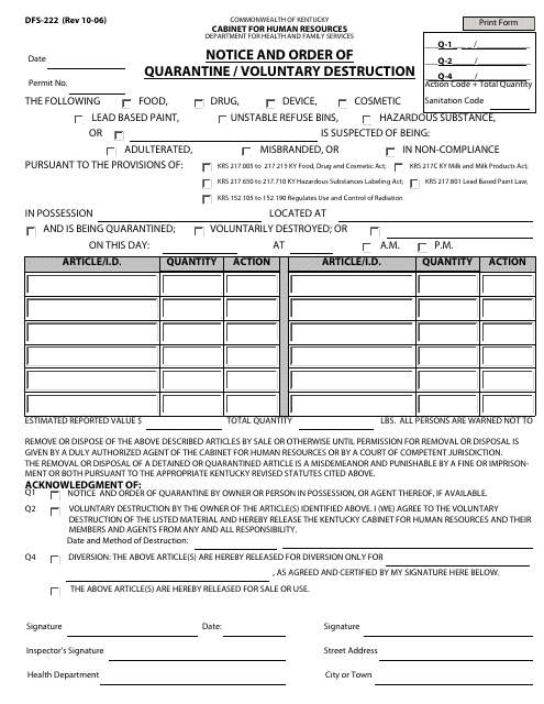 Form DFS-222 Notice and Order of Quarantine / Voluntary Destruction - Kentucky