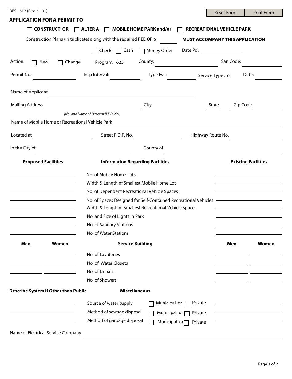 Form DFS-317 Application for a Permit to Construct or Alter a Mobile Home Park and / or Recreational Vehicle Park - Kentucky, Page 1