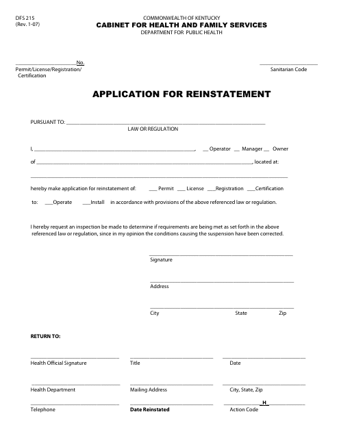 Form DFS215 Application for Reinstatement - Kentucky