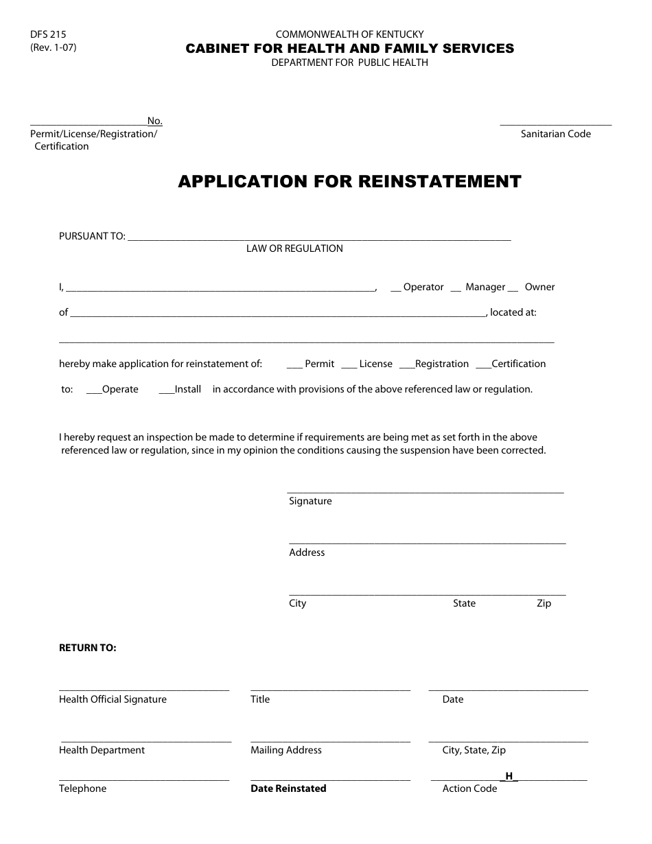 Form DFS215 Application for Reinstatement - Kentucky, Page 1