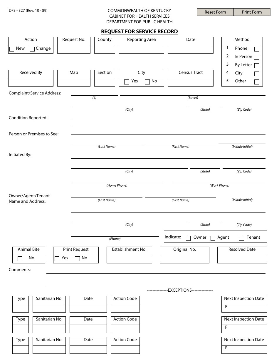 Form DFS-327 Request for Service Record - Kentucky, Page 1
