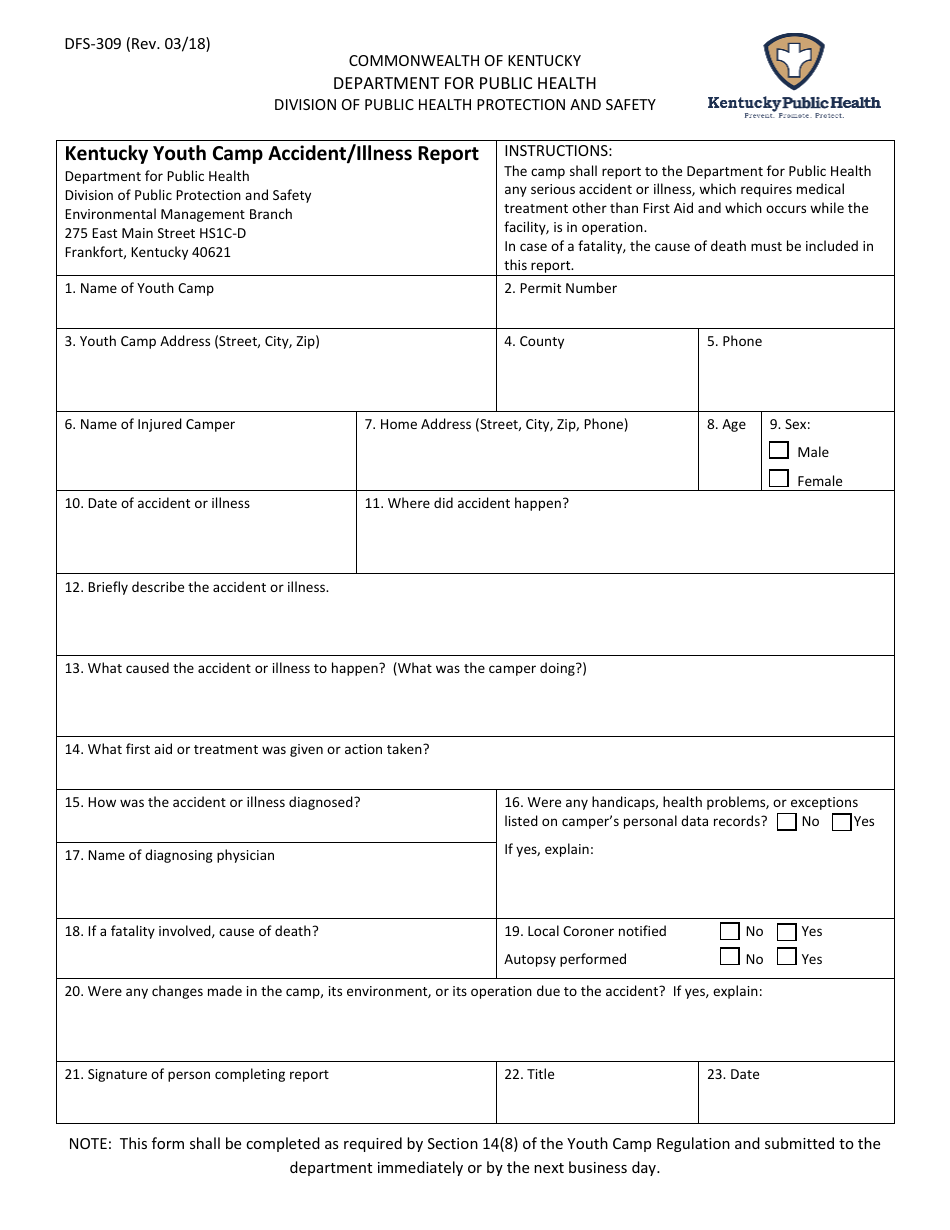 Form DFS-309 Kentucky Youth Camp Accident / Illness Report - Kentucky, Page 1
