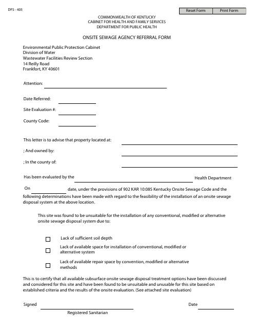 Form DFS-405 Onsite Sewage Agency Referral Form - Kentucky