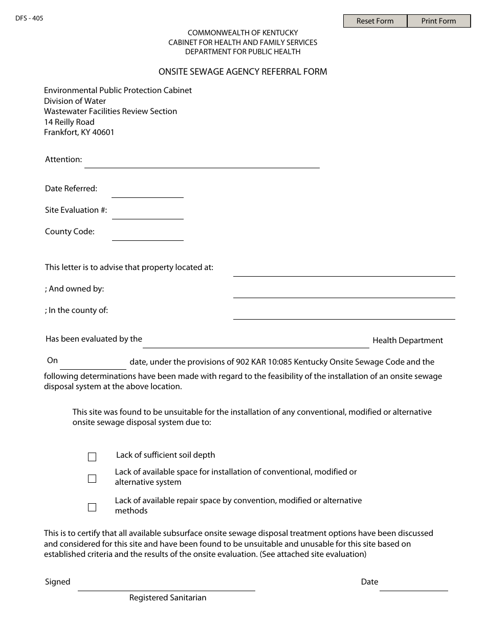 Form DFS-405 Onsite Sewage Agency Referral Form - Kentucky, Page 1